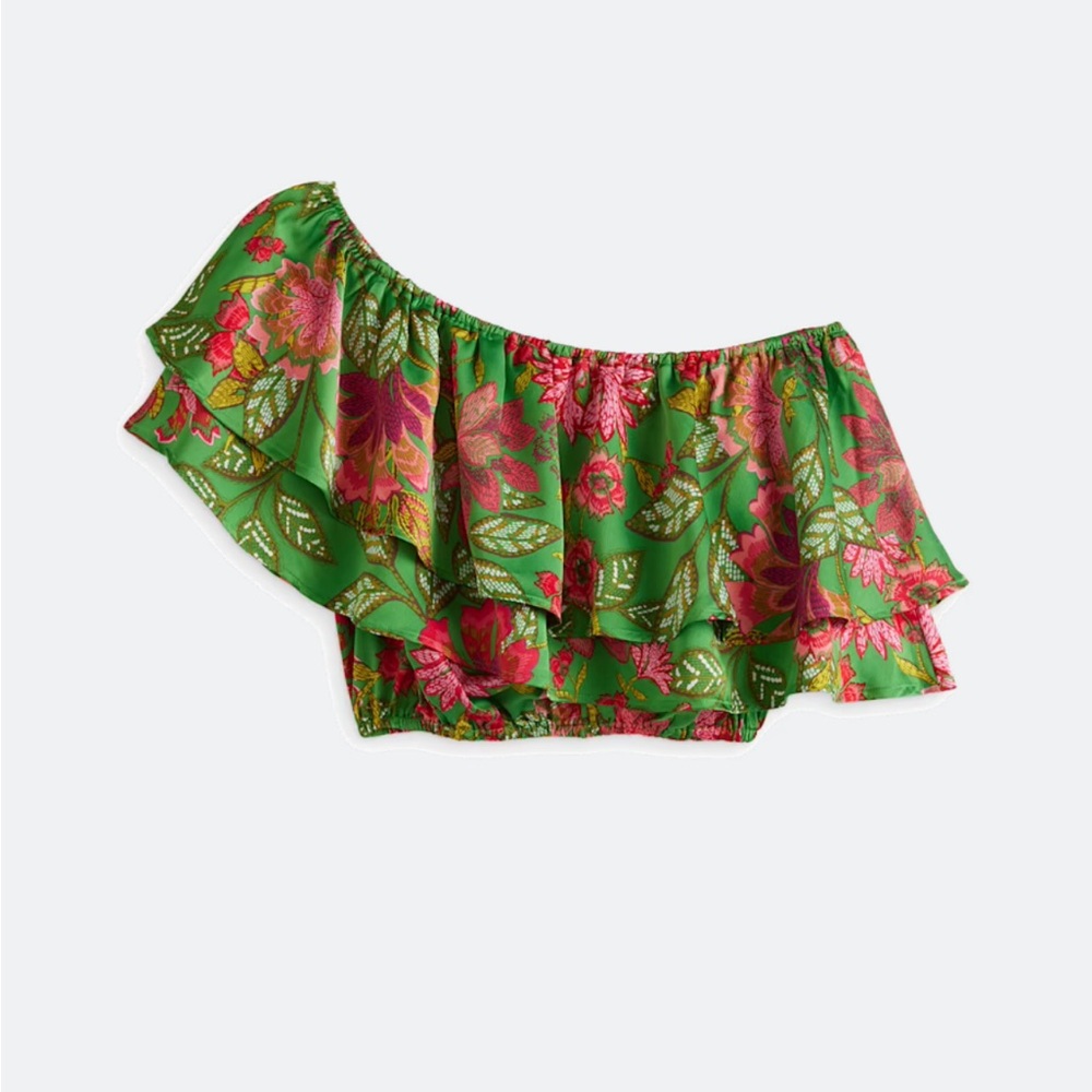Sugarlips Green Floral One-Shoulder Ruffle Crop Top